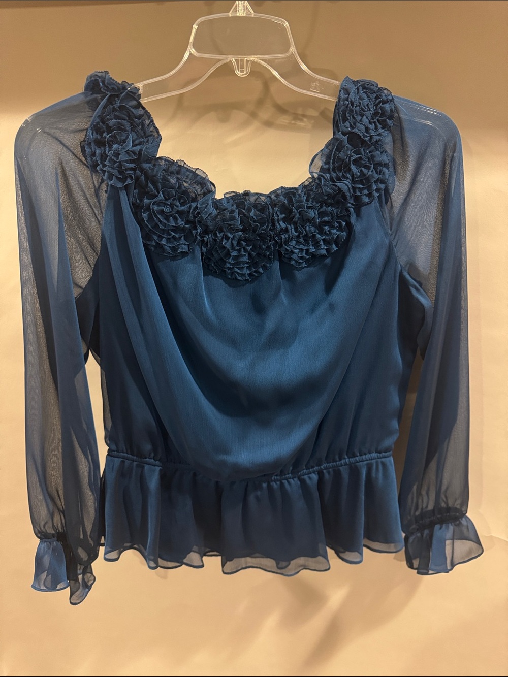 Adrianna Papell Women’s Blue Floral-Trim Sheer Sleeve Peplum Blouse